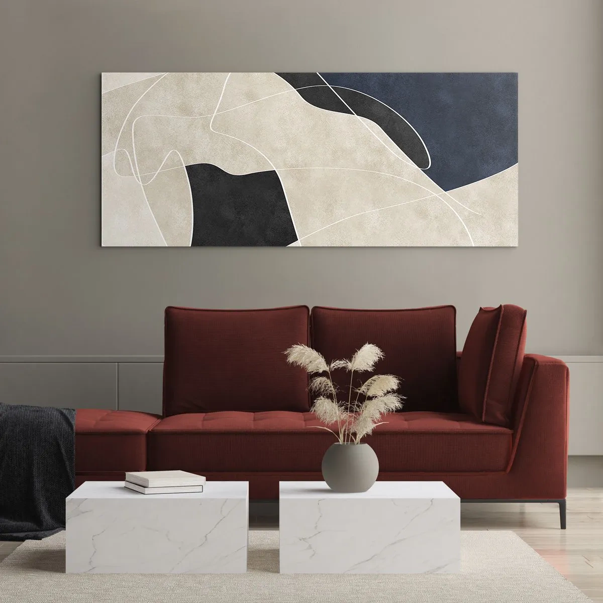 Obraz na szkle - Geometryczna abstrakcja w odcieniach beżu i granatu - 120x50cm - Kompozycja abstrakcyjna – kontrast barw - Nowoczesna dekoracja ścienna do salonu i sypialni ARTTOR