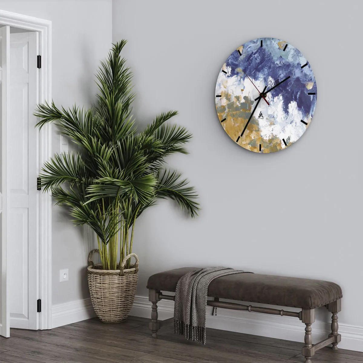 Zegar ścienny - Ekspresyjna abstrakcja w barwach błękitu, bieli i ochry - 30x30cm - Taniec żywiołów - Nowoczesna dekoracja ścienna do salonu, kuchni i sypialni ARTTOR