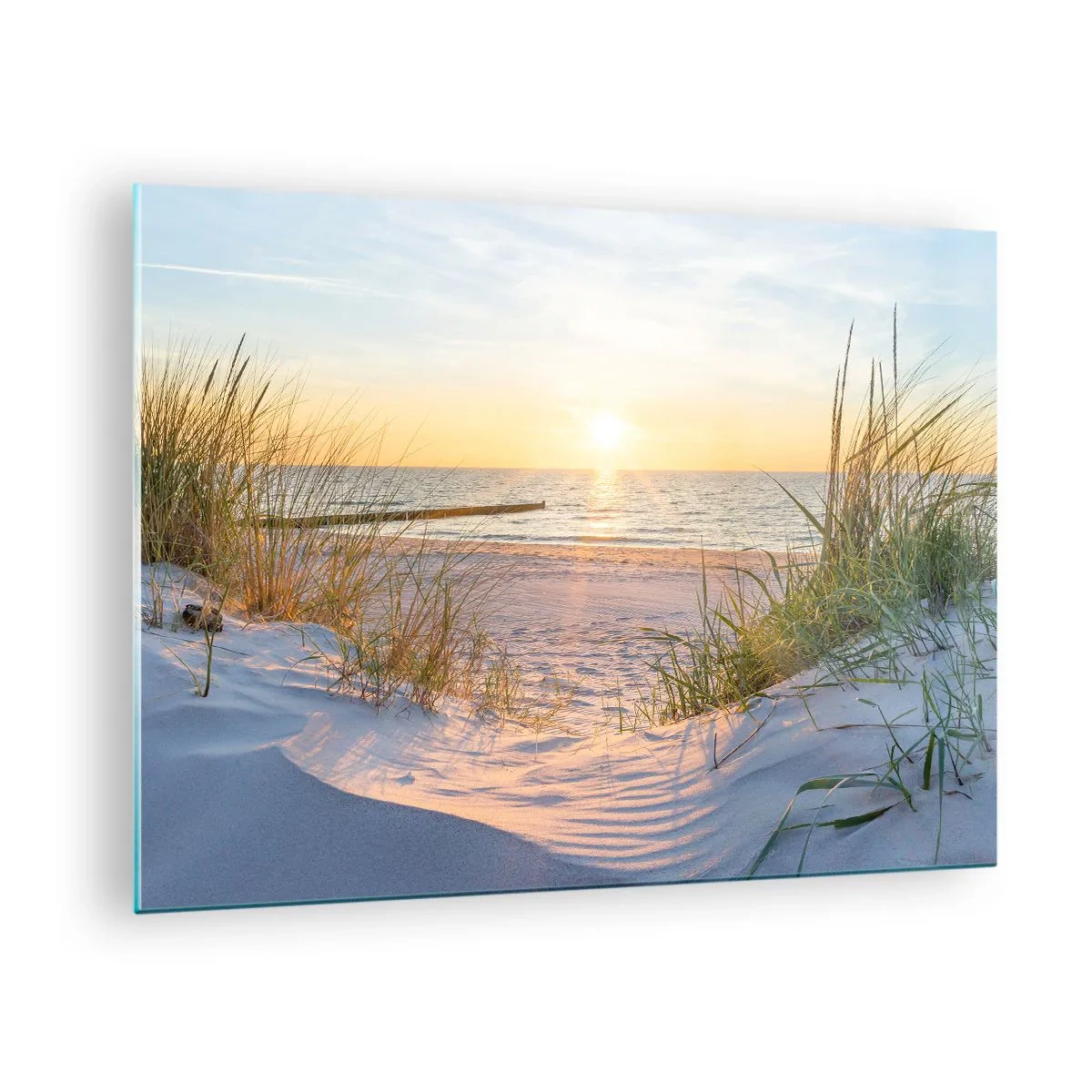 Obraz na szkle - Plaża o zachodzie słońca z widokiem na morze i trawy wydmowe - 70x50cm - Morza szum, ptaków śpiew, dzika plaża pośród traw… - Nowoczesna dekoracja ścienna do salonu i sypialni ARTTOR