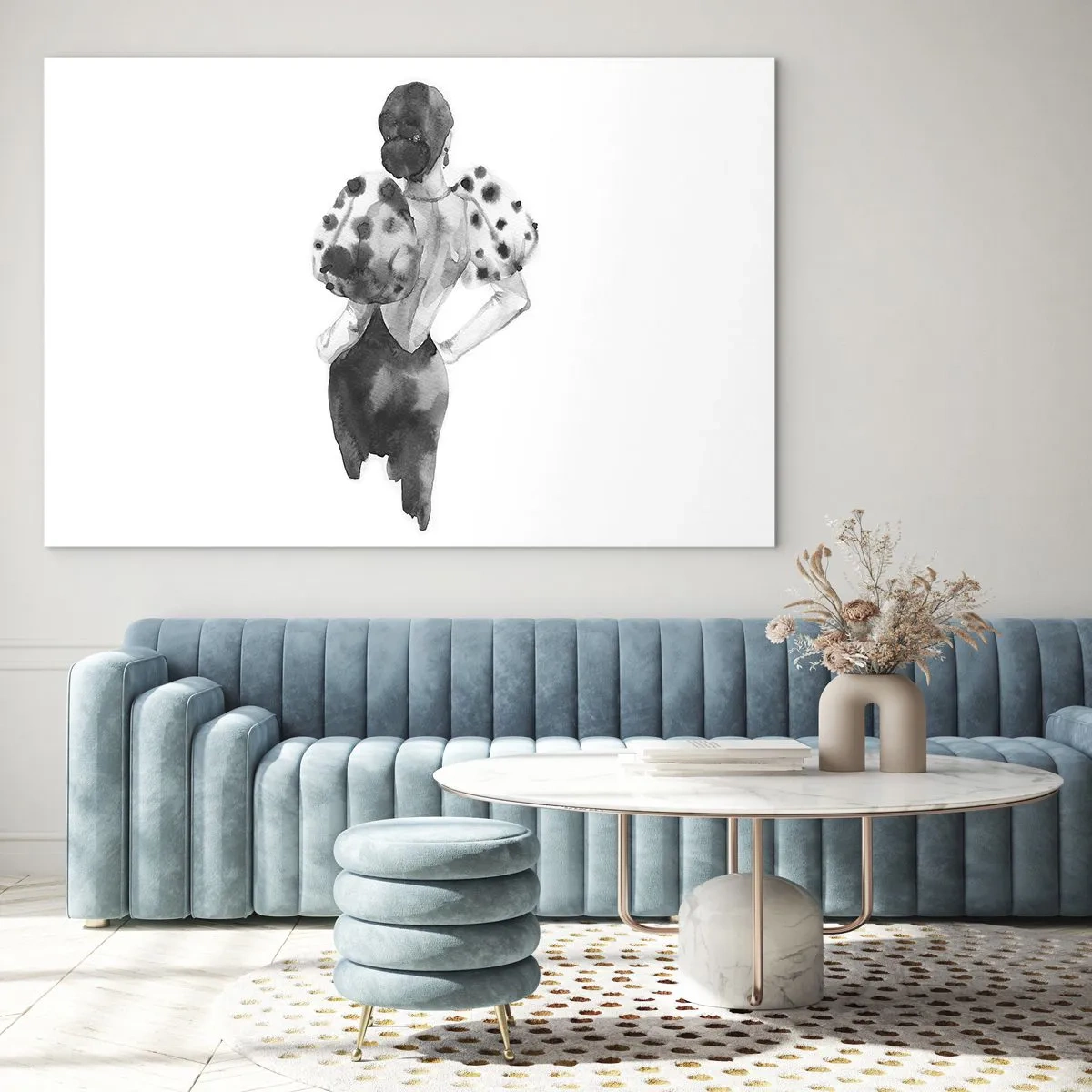 Obraz na szkle - Czarno-biała sylwetka kobiety w eleganckim stroju - 70x50cm - Przeszła tuż obok - Nowoczesna dekoracja ścienna do salonu i sypialni ARTTOR