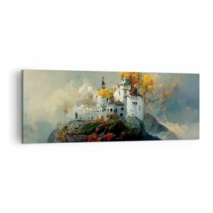 Obraz na płótnie - Zamek na wzgórzu otoczony jesiennymi drzewami - 140x50cm - Początek romantycznej opowieści - Nowoczesna dekoracja ścienna do salonu i sypialni ARTTOR