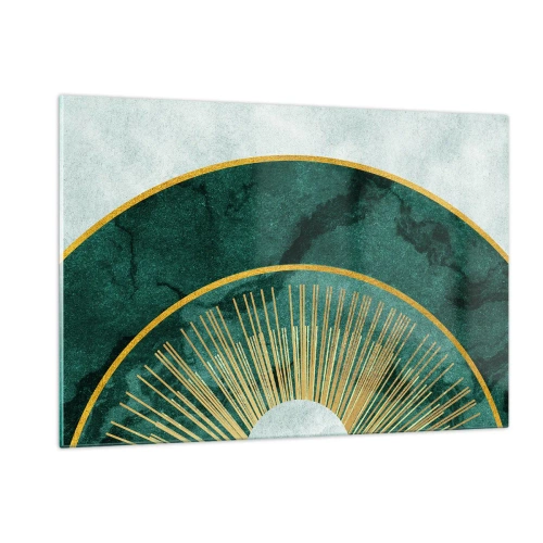 Obraz na szkle - Złote promienie na tle zielonych półokręgów o strukturze marmuru - 120x80cm - Inny układ słoneczny - Nowoczesna dekoracja ścienna do salonu, kuchni i sypialni ARTTOR