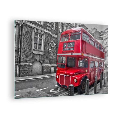 Obraz na szkle - Czerwony londyński autobus na czarno-białym tle ulicy - 70x50cm - Zawsze taki sam - Nowoczesna dekoracja ścienna do salonu i sypialni ARTTOR
