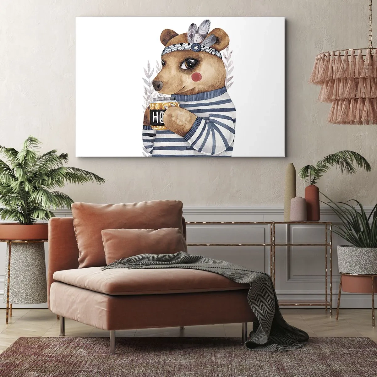 Obraz na płótnie - Miś w pasiastym sweterku z kubkiem miodu - 70x50cm - Słodka Misia - Nowoczesna dekoracja ścienna do salonu i sypialni ARTTOR