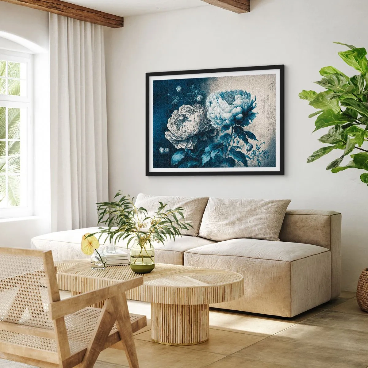 Plakat w czarnej ramie - Niebieskie piwonie na subtelnym tle z delikatnym wzorem - 70x50cm - Dobrana para - Nowoczesna dekoracja ścienna do salonu i sypialni ARTTOR