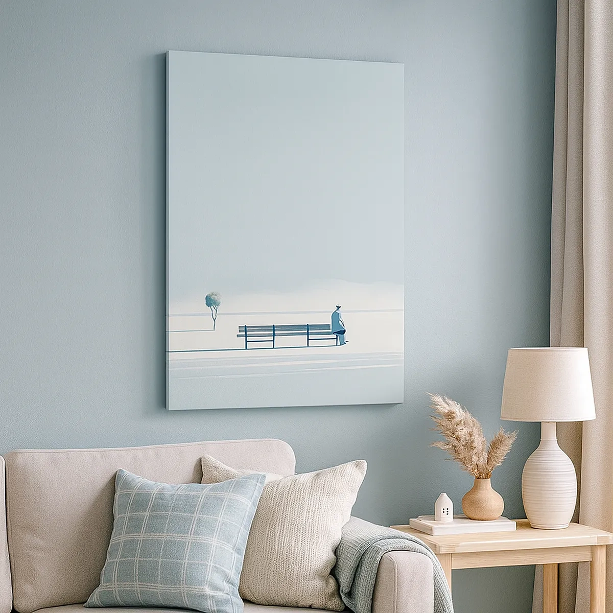 Obraz na płótnie - Minimalistyczna scena z samotną postacią na ławce - 50x70cm - Tak, czekam. - Nowoczesna dekoracja ścienna do salonu, kuchni i sypialni ARTTOR