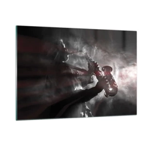 Obraz na szkle - Saksofonista w oparach dymu w czerni i bieli - 120x80cm - W oparach jazzu - Nowoczesna dekoracja ścienna do salonu, kuchni i sypialni ARTTOR