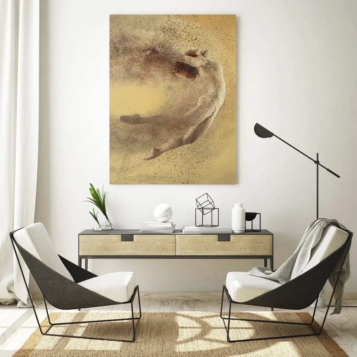 Obraz na szkle - Tancerz w dynamicznej kompozycji na złotym tle - 50x70cm - W tanecznym uniesieniu - Nowoczesna dekoracja ścienna do salonu, kuchni i sypialni ARTTOR
