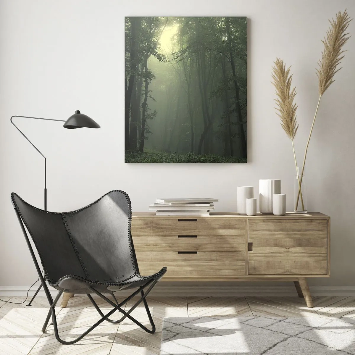 Obraz na szkle - Mroczny las spowity mgłą z promieniami światła - 50x70cm - Zanim się obudzi - Nowoczesna dekoracja ścienna do salonu, kuchni i sypialni ARTTOR