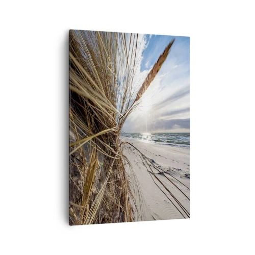 Obraz na płótnie - Plaża z suchymi trawami na wydmach i widokiem na morze - 70x100cm - Spotkanie żywiołów - Nowoczesna dekoracja ścienna do salonu i sypialni ARTTOR
