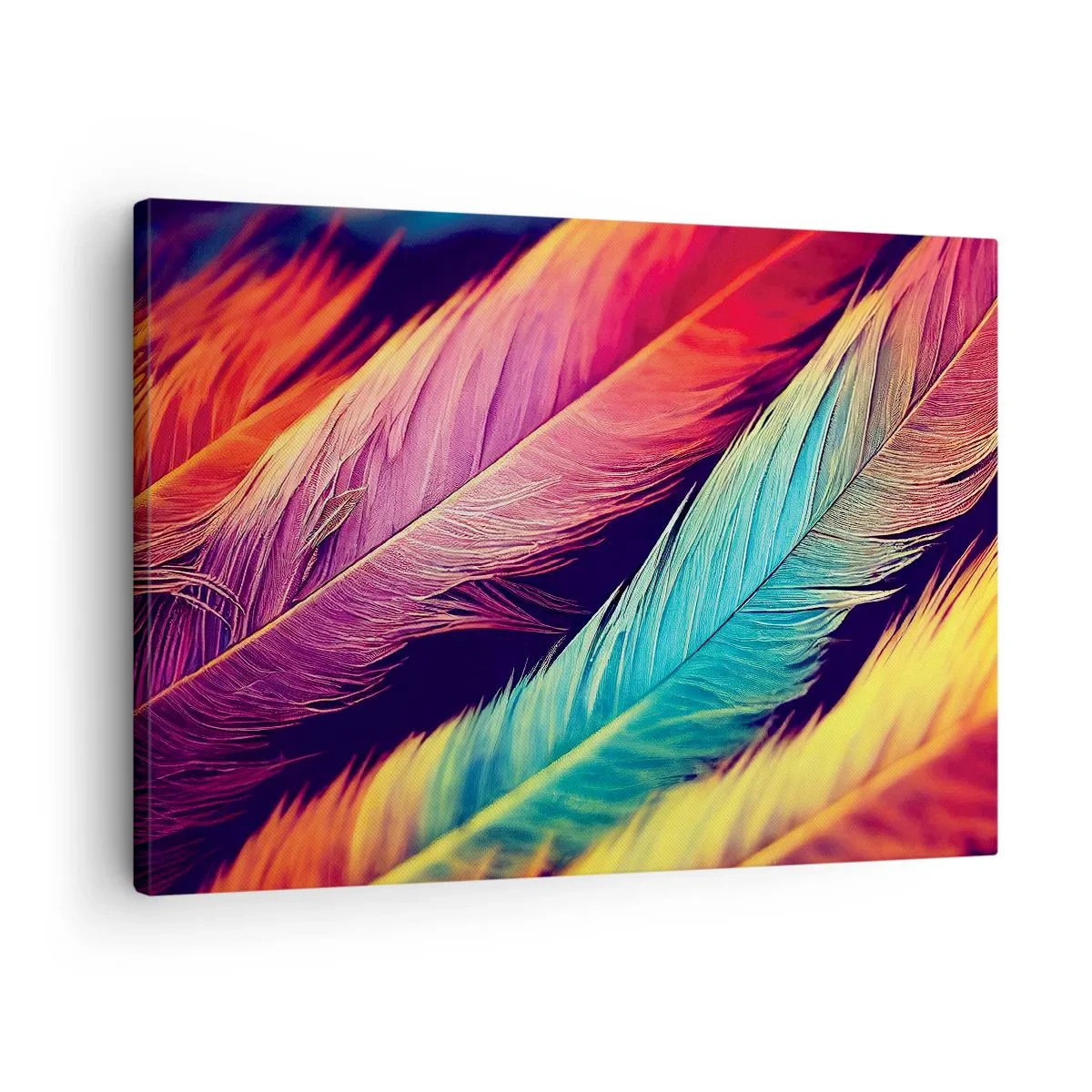 Obraz na płótnie - Kolorowe pióra w intensywnych barwach - 70x50cm - Pierzasta tęcza - Nowoczesna dekoracja ścienna do salonu i sypialni ARTTOR