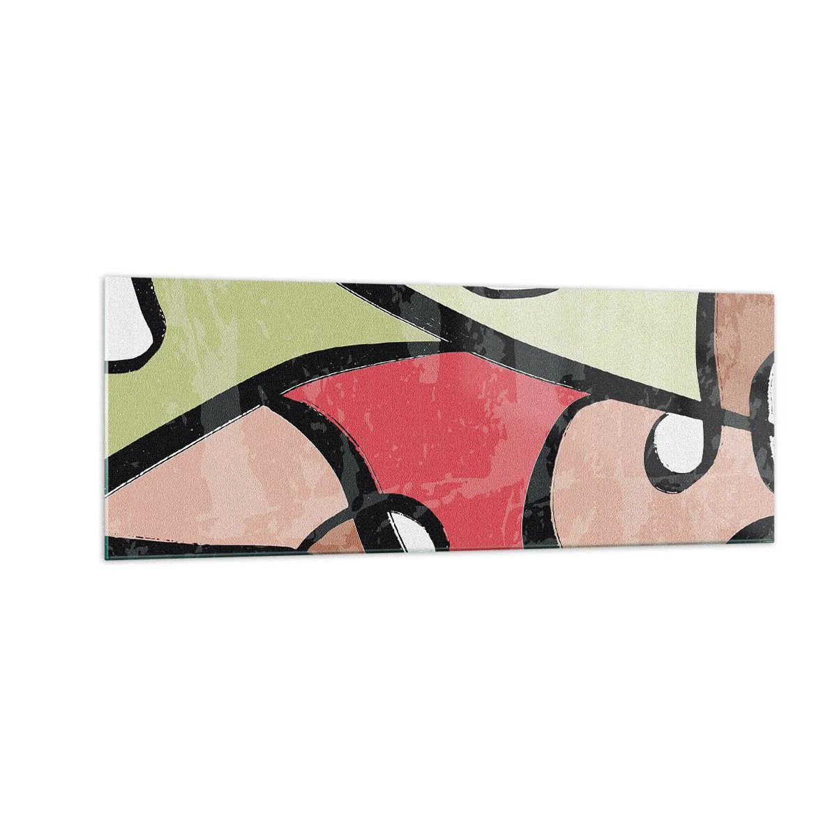 Obraz na szkle - Kolorowe abstrakcyjne kształty z czarnymi liniami - 140x50cm - Piruety wśród barw - Nowoczesna dekoracja ścienna do salonu i sypialni ARTTOR