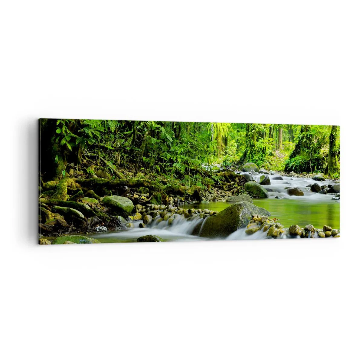 Obraz na płótnie - Strumień w lesie tropikalnym z bujną zielenią - 140x50cm - Popłynąć w morzu zieleni - Nowoczesna dekoracja ścienna do salonu i sypialni ARTTOR