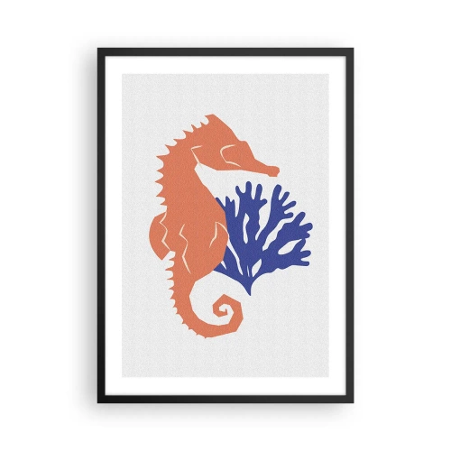 Plakat w czarnej ramie - Minimalistyczna grafika konika morskiego z koralowcem - 50x70cm - Na podwodnej łące - Nowoczesna dekoracja ścienna do salonu i sypialni ARTTOR