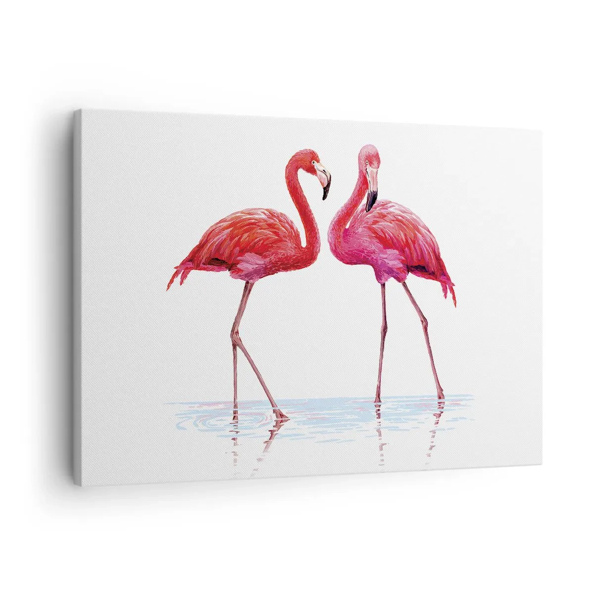 Obraz na płótnie - Para flamingów w wodzie na jasnym tle - 70x50cm - Różowe randez-vous - Nowoczesna dekoracja ścienna do salonu i sypialni ARTTOR