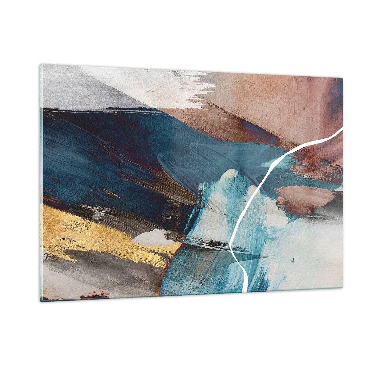 Obraz na szkle - Abstrakcyjna kompozycja w turkusie, złocie i brązach - 120x80cm - Z rozmachem i energicznie - Nowoczesna dekoracja ścienna do salonu, kuchni i sypialni ARTTOR