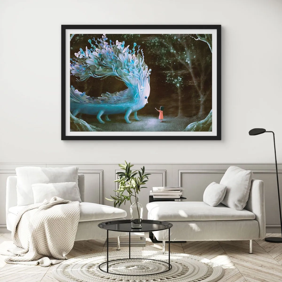 Plakat w czarnej ramie - Postać dziewczynki naprzeciw fantastycznego stworzenia - 100x70cm - Fantastyczne spotkanie - Nowoczesna dekoracja ścienna do salonu i sypialni ARTTOR