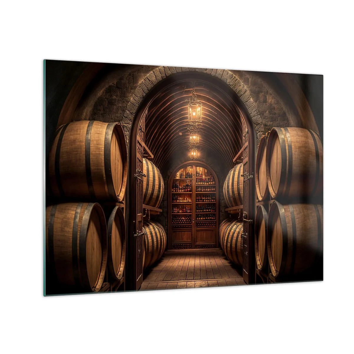 Obraz na szkle - Winnica z beczkami i oświetloną piwnicą pełną butelek - 70x50cm - Klimatyczna piwnica - Nowoczesna dekoracja ścienna do salonu i sypialni ARTTOR