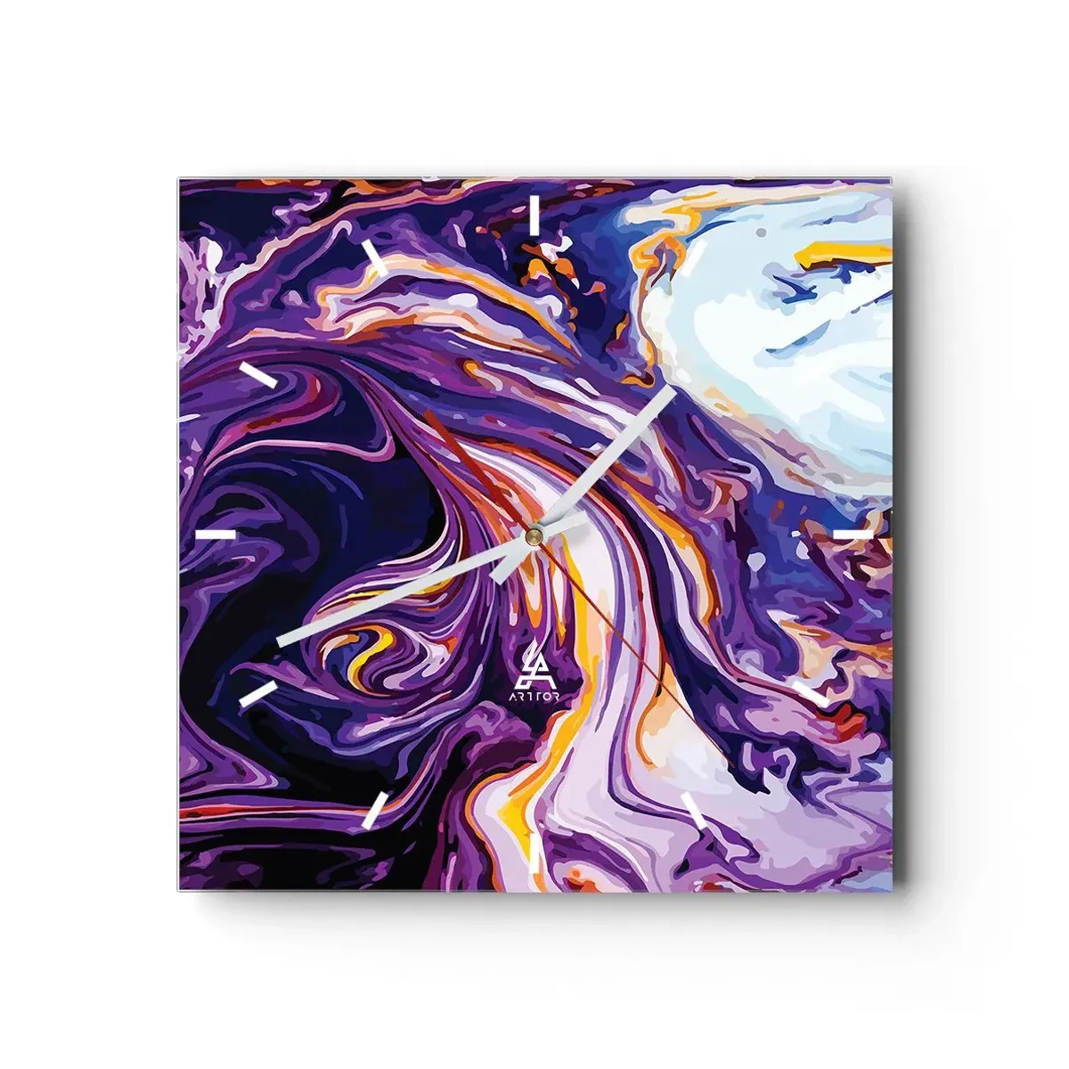 Zegar ścienny - Dynamiczny abstrakcyjny wzór w odcieniach fioletu i żółci - 30x30cm - Zagięcie przetrzeni we fiolecie - Nowoczesna dekoracja ścienna do salonu i sypialni ARTTOR