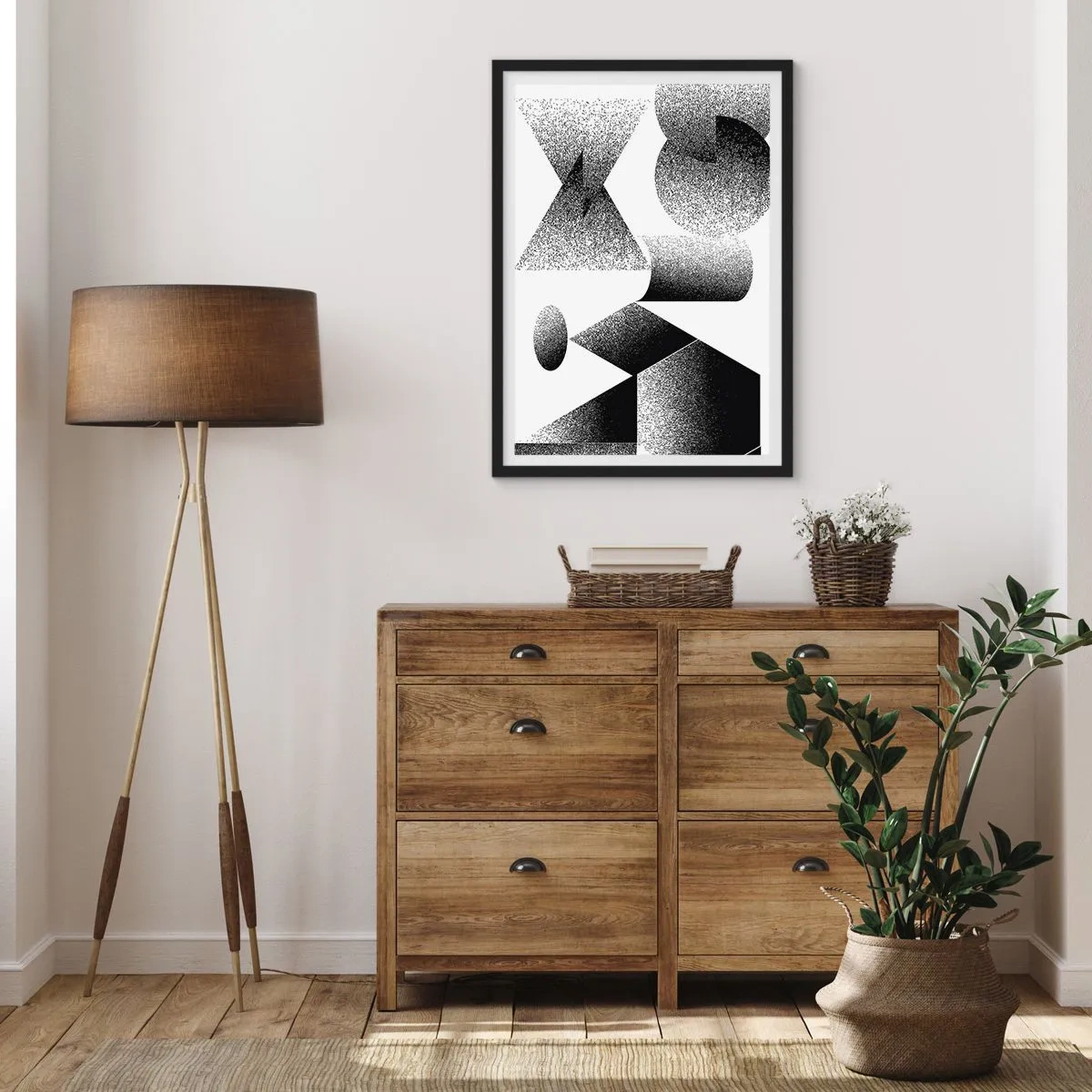 Plakat w czarnej ramie - Abstrakcyjna kompozycja geometrycznych kształtów w czerni i bieli - 50x70cm - Kąty i owale - Nowoczesna dekoracja ścienna do salonu i sypialni ARTTOR