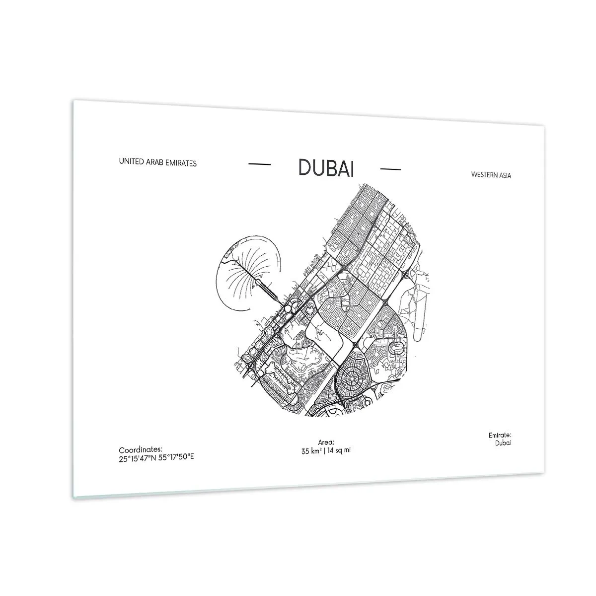 Obraz na szkle - Minimalistyczna mapa Dubaju w czarno-białej stylistyce - 70x50cm - Anatomia Dubaju - Nowoczesna dekoracja ścienna do salonu i sypialni ARTTOR