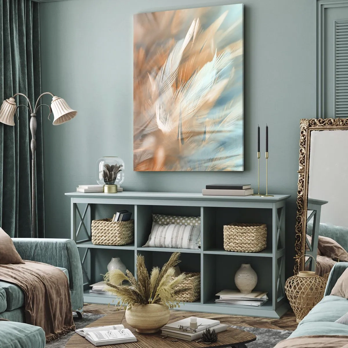 Obraz na płótnie - Delikatne pióra w pastelowych odcieniach błękitu i pomarańczu - 70x100cm - W krainie łagodności - Nowoczesna dekoracja ścienna do salonu i sypialni ARTTOR