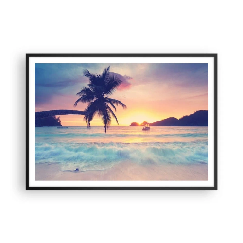 Plakat w czarnej ramie - Plaża z palmą i zachodem słońca nad oceanem - 100x70cm - Wieczór w zatoce - Nowoczesna dekoracja ścienna do salonu i sypialni ARTTOR