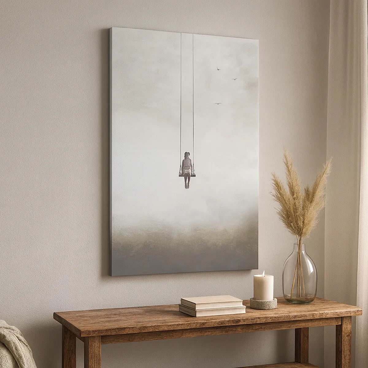 Obraz na płótnie - Osoba siedząca na huśtawce zawieszonej w chmurach - 50x70cm - Dziecko w nas - Nowoczesna dekoracja ścienna do salonu, kuchni i sypialni ARTTOR