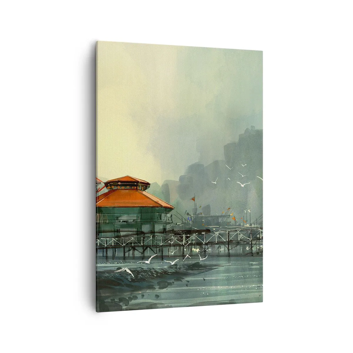 Obraz na płótnie - Portowa zabudowa w deszczowej scenerii z mewami - 70x100cm - Słotny dzień w porcie - Nowoczesna dekoracja ścienna do salonu i sypialni ARTTOR