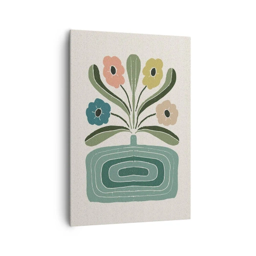 Obraz na płótnie - Kolorowe kwiaty w geometrycznym wazonie na jasnym tle - 70x100cm - Bukiet symetryczny - Nowoczesna dekoracja ścienna do salonu i sypialni ARTTOR