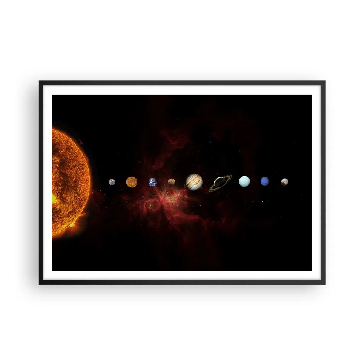 Plakat w czarnej ramie - Układ słoneczny z planetami na tle kosmosu - 100x70cm - Nasza okolica - Nowoczesna dekoracja ścienna do salonu i sypialni ARTTOR