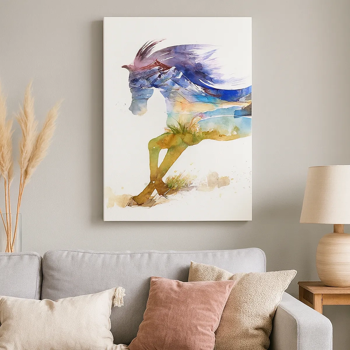 Obraz na płótnie - Akwarelowy koń galopujący z krajobrazem górskim w sylwetce - 50x70cm - Z łąki wprost do nieba - Nowoczesna dekoracja ścienna do salonu, kuchni i sypialni ARTTOR