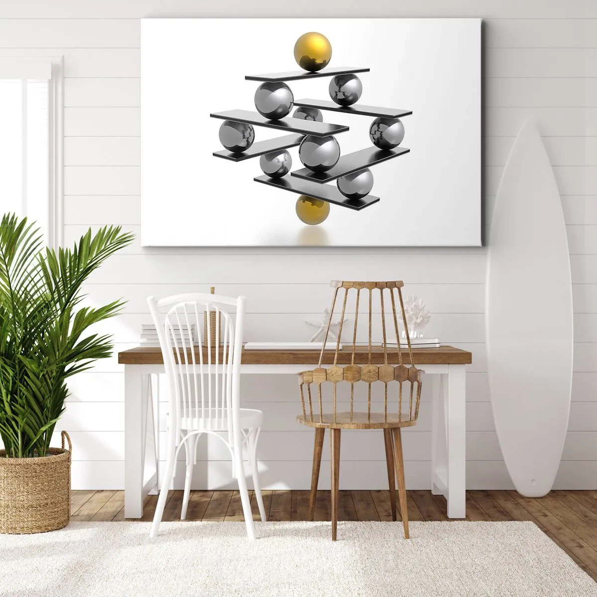 Obraz na płótnie - Geometryczna kompozycja z metalowymi kulami i złotym akcentem - 120x80cm - Złoto-srebrna równowaga - Nowoczesna dekoracja ścienna do salonu, kuchni i sypialni ARTTOR