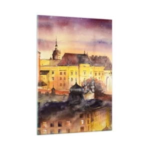 Obraz na szkle - Akwarelowa ilustracja zamku na wzgórzu o zachodzie słońca - 50x70cm - Historia i baśń - Nowoczesna dekoracja ścienna do salonu, kuchni i sypialni ARTTOR
