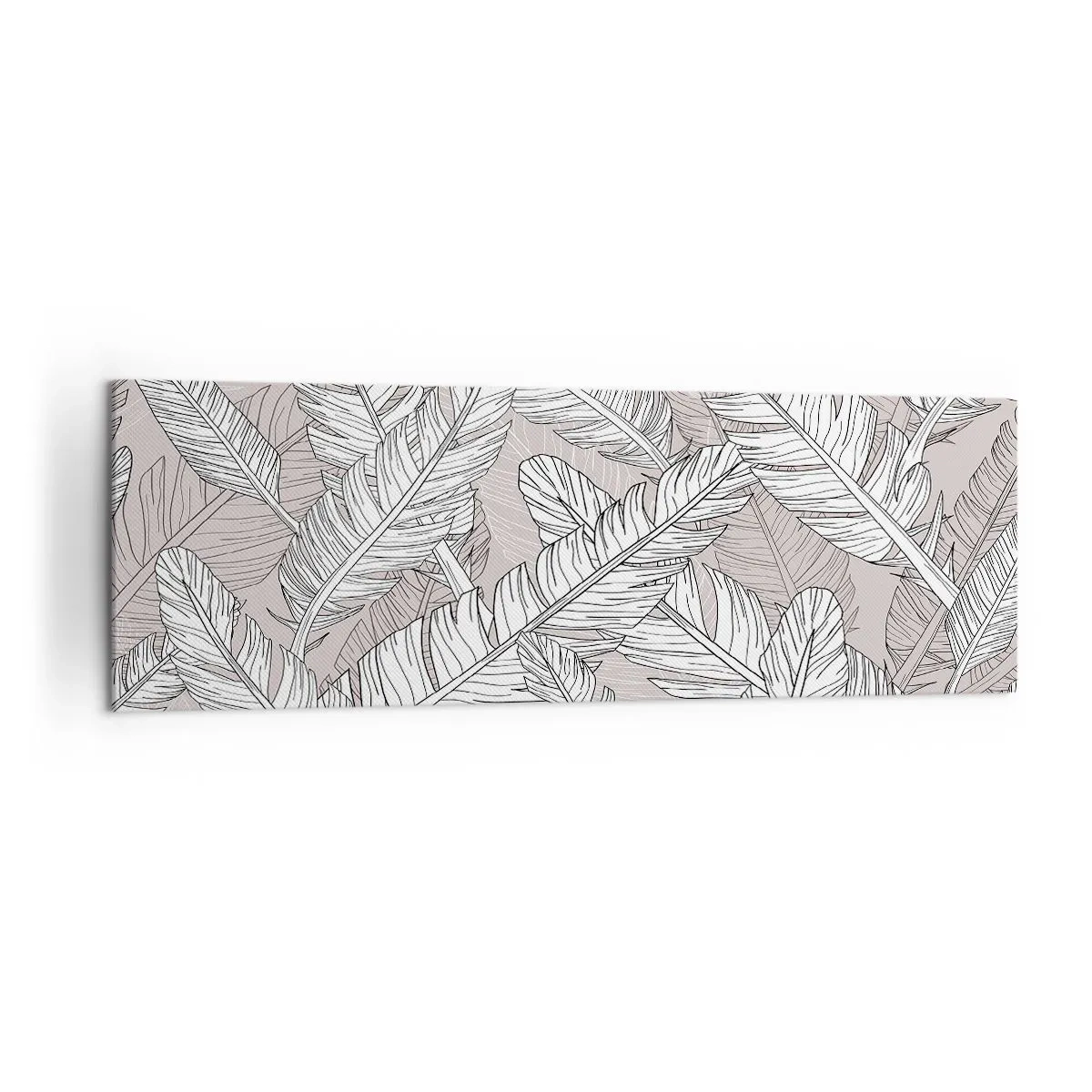Obraz na płótnie - Czarno-biały wzór z liśćmi bananowca na jasnym tle - 160x50cm - Pierzasta zawierucha - Nowoczesna dekoracja ścienna do salonu i sypialni ARTTOR