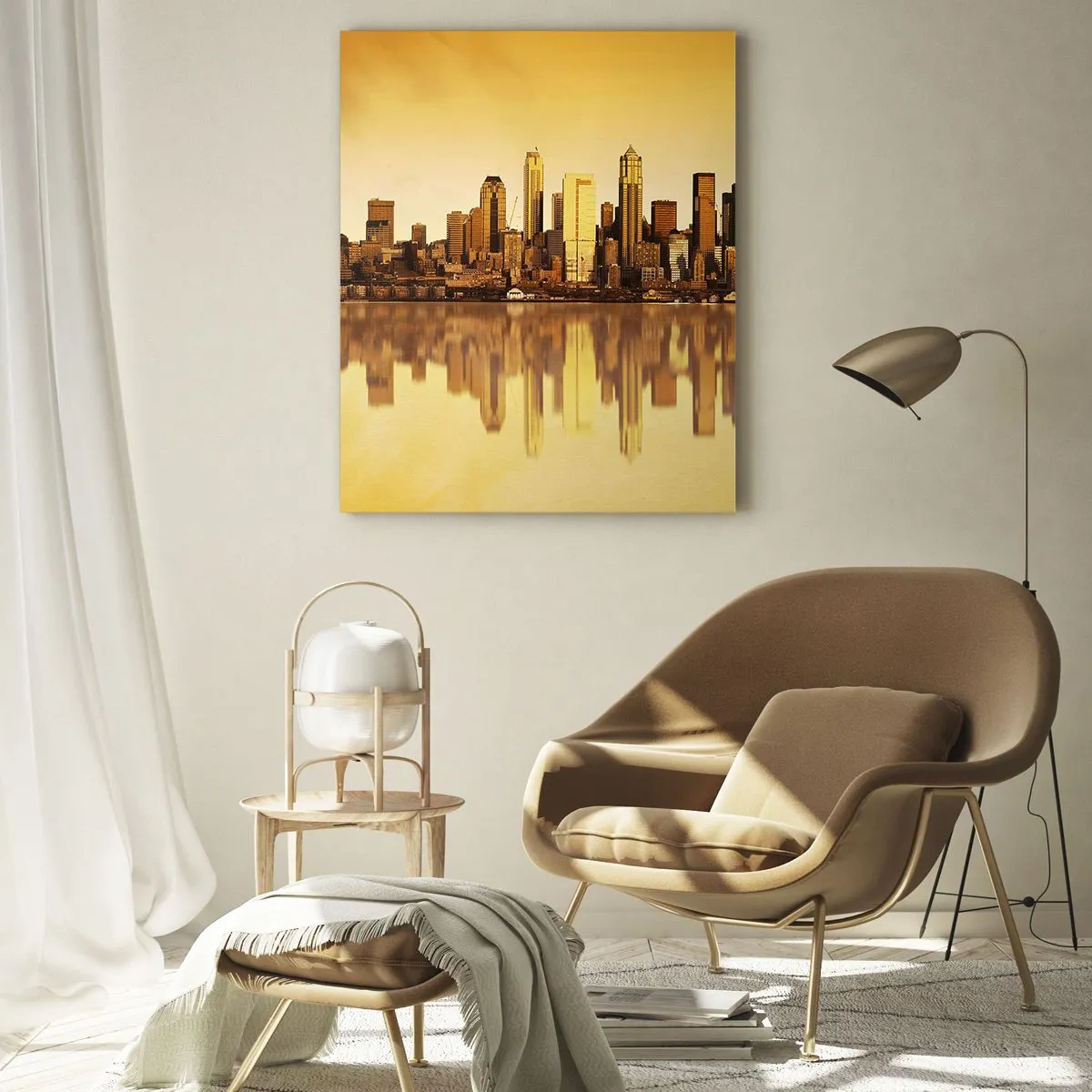 Obraz na szkle - Panorama miasta w złotym świetle zachodu - 50x70cm - Cisza metropolii - Nowoczesna dekoracja ścienna do salonu, kuchni i sypialni ARTTOR