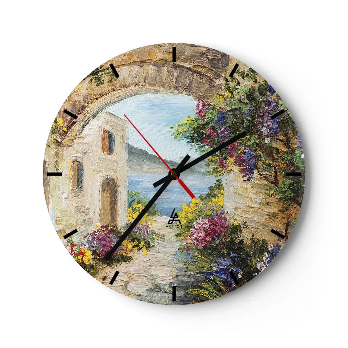 Zegar ścienny - Klimatyczna uliczka z kwiatami i widokiem na morze - 30x30cm - Urok nadmorskiej prowincji - Nowoczesna dekoracja ścienna do salonu, kuchni i sypialni ARTTOR