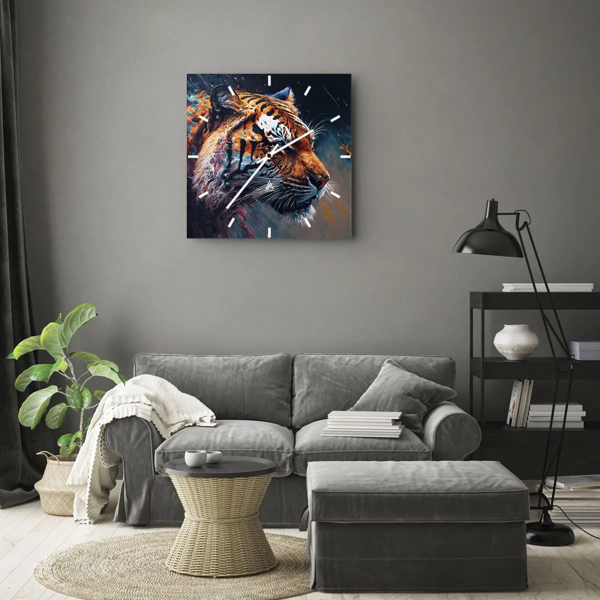 Zegar ścienny - Portret tygrysa w dynamicznej, abstrakcyjnej kolorystyce - 30x30cm - Dzikie piękno - Nowoczesna dekoracja ścienna do salonu i sypialni ARTTOR