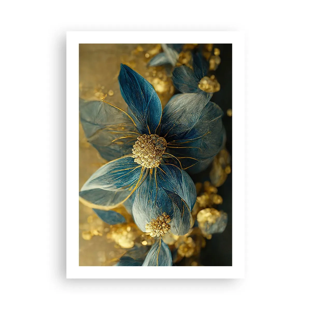 Plakat - Złote i granatowe kwiaty w eleganckiej kompozycji - 50x70cm - Zakwitnąć złotem - Nowoczesna dekoracja ścienna do salonu, kuchni i sypialni ARTTOR