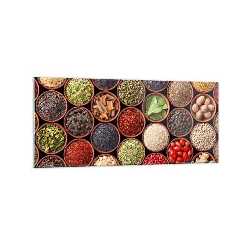 Obraz na szkle - Kolorowe przyprawy w okrągłych pojemnikach - 120x50cm - Wszystkie smaki świata - Nowoczesna dekoracja ścienna do salonu i sypialni ARTTOR