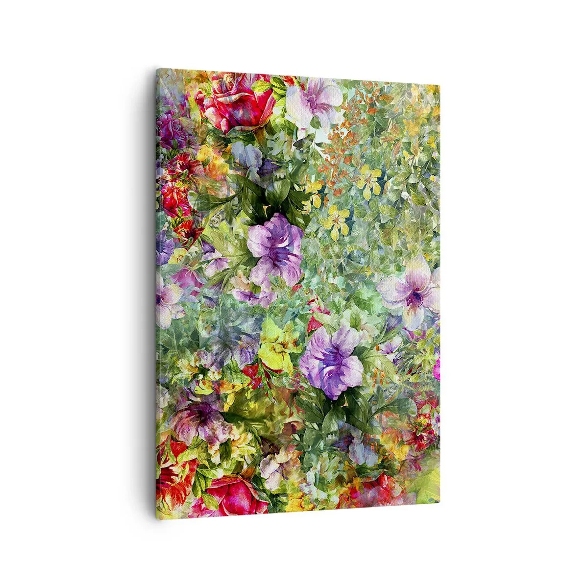 Obraz na płótnie - Barwna kompozycja kwiatów w odcieniach zieleni, fioletu i czerwieni - 50x70cm - W kwiaty na zatracenie - Nowoczesna dekoracja ścienna do salonu, kuchni i sypialni ARTTOR
