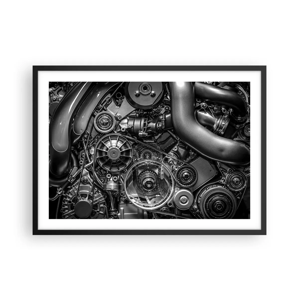 Plakat w czarnej ramie - Czarno-białe zbliżenie na mechaniczne detale silnika samochodu - 70x50cm - Poezja mechaniki - Nowoczesna dekoracja ścienna do salonu i sypialni ARTTOR