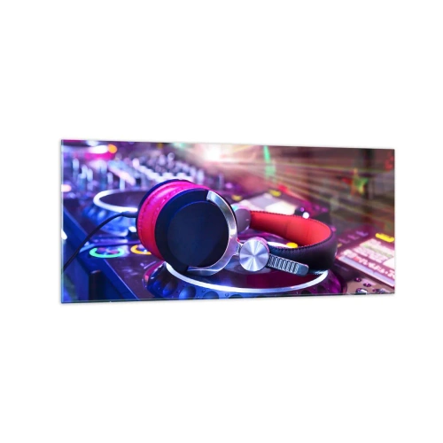 Obraz na szkle - Słuchawki DJ na konsolecie oświetlone reflektorami na imprezie - 120x50cm - Będzie, będzie się działo - Nowoczesna dekoracja ścienna do salonu i sypialni ARTTOR