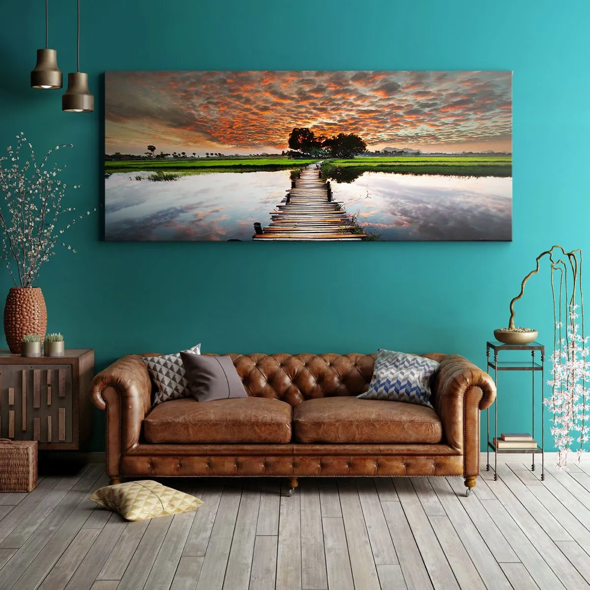 Obraz na płótnie - Drewniany mostek nad wodą o zachodzie słońca - 120x50cm - Rozłóż ramiona - oddychaj  - Nowoczesna dekoracja ścienna do salonu i sypialni ARTTOR