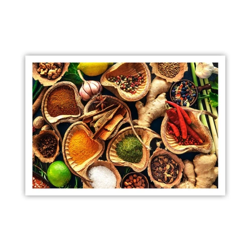 Plakat - Miseczki z przyprawami w różnych kolorach - 100x70cm - Bierz, co chcesz - Nowoczesna dekoracja ścienna do salonu i sypialni ARTTOR