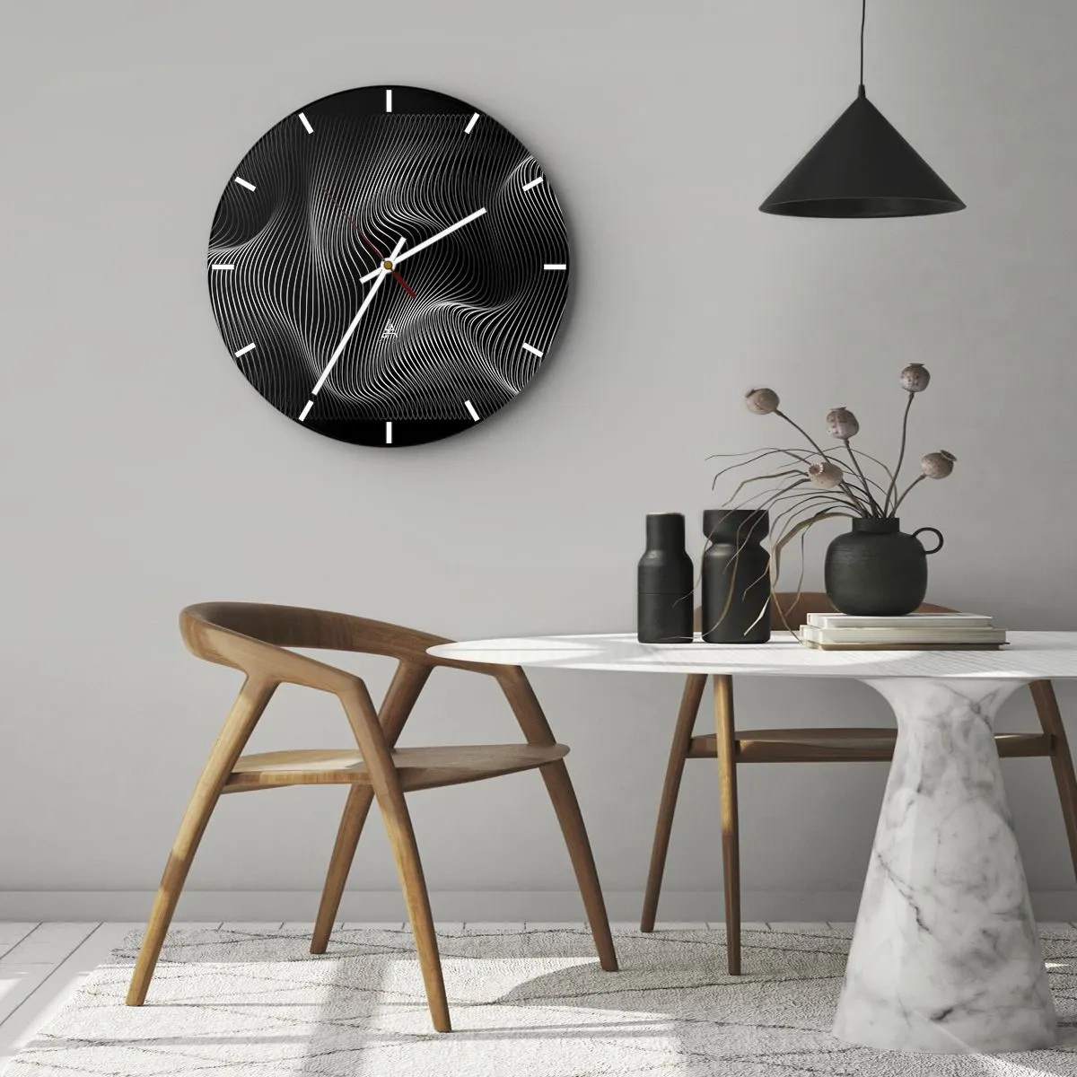 Zegar ścienny - Hipnotyzujące białe linie na czarnym tle tworzące optyczną falę - 30x30cm - Taniec światła w przestrzeni - Nowoczesna dekoracja ścienna do salonu, kuchni i sypialni ARTTOR