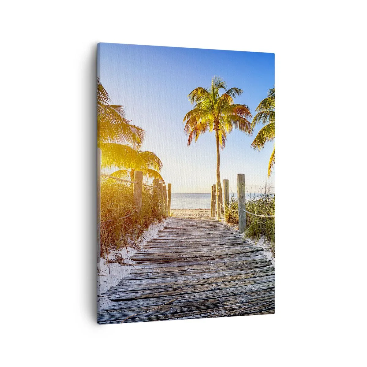 Obraz na płótnie - Drewniana ścieżka prowadząca na tropikalną plażę - 50x70cm - Prosto do raju - Nowoczesna dekoracja ścienna do salonu, kuchni i sypialni ARTTOR