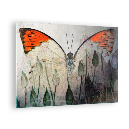 Obraz na szkle - Artystyczny motyl w otoczeniu delikatnych kwiatów na szarym tle - 70x50cm - "Kędy się motyl kołysa na trawie" - Nowoczesna dekoracja ścienna do salonu i sypialni ARTTOR