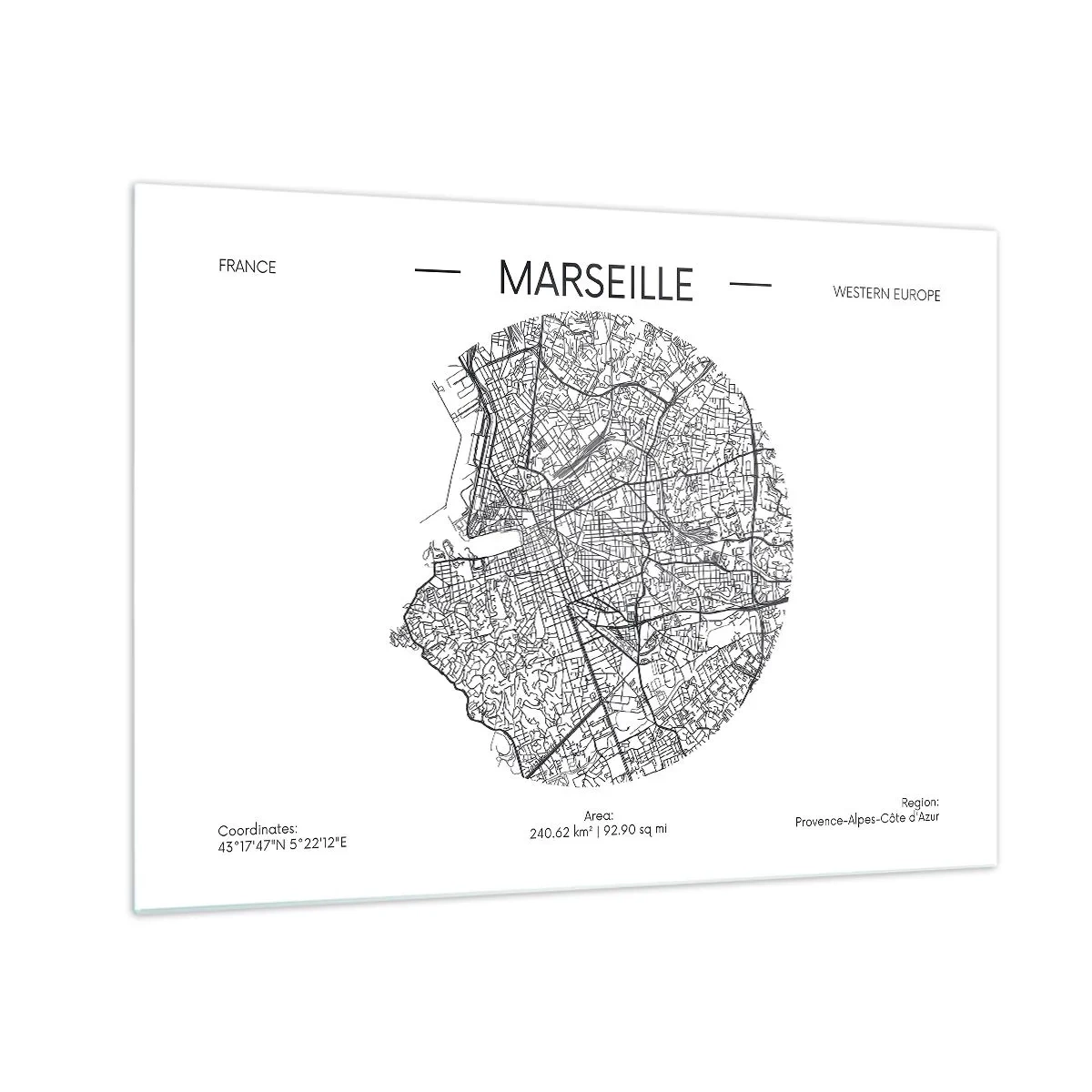 Obraz na szkle - Czarno-biała mapa miasta Marsylia w nowoczesnym stylu - 70x50cm - Anatomia Marsylii - Nowoczesna dekoracja ścienna do salonu i sypialni ARTTOR