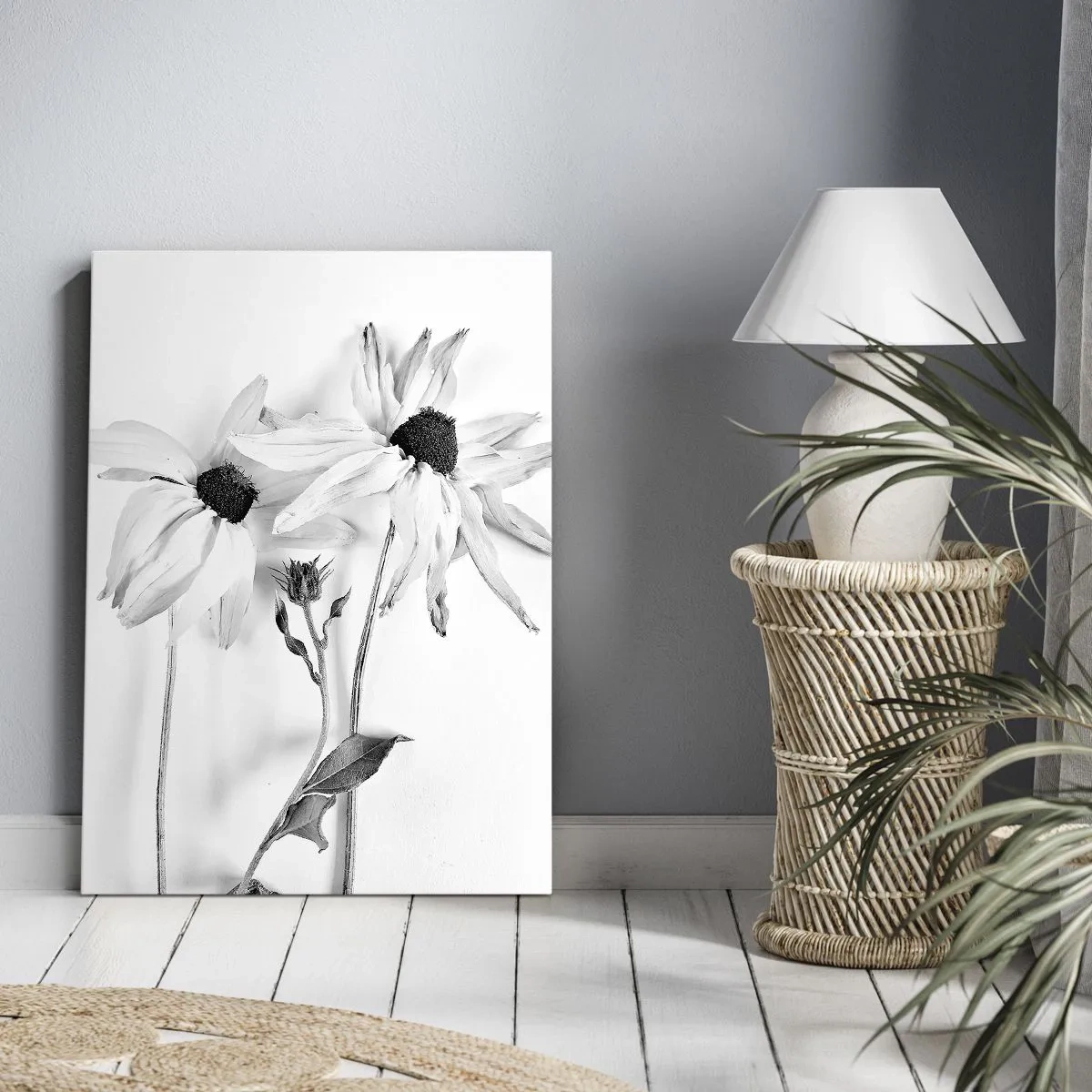 Obraz na płótnie - Czarno-białe kwiaty na białym tle - 50x70cm - Nikt nie chce być sam - Nowoczesna dekoracja ścienna do salonu, kuchni i sypialni ARTTOR